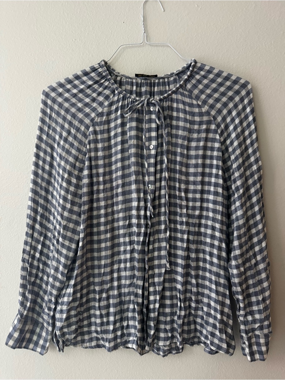 Massimo Dutti Navy and White Gingham Button-Down Tie-Neck Blouse